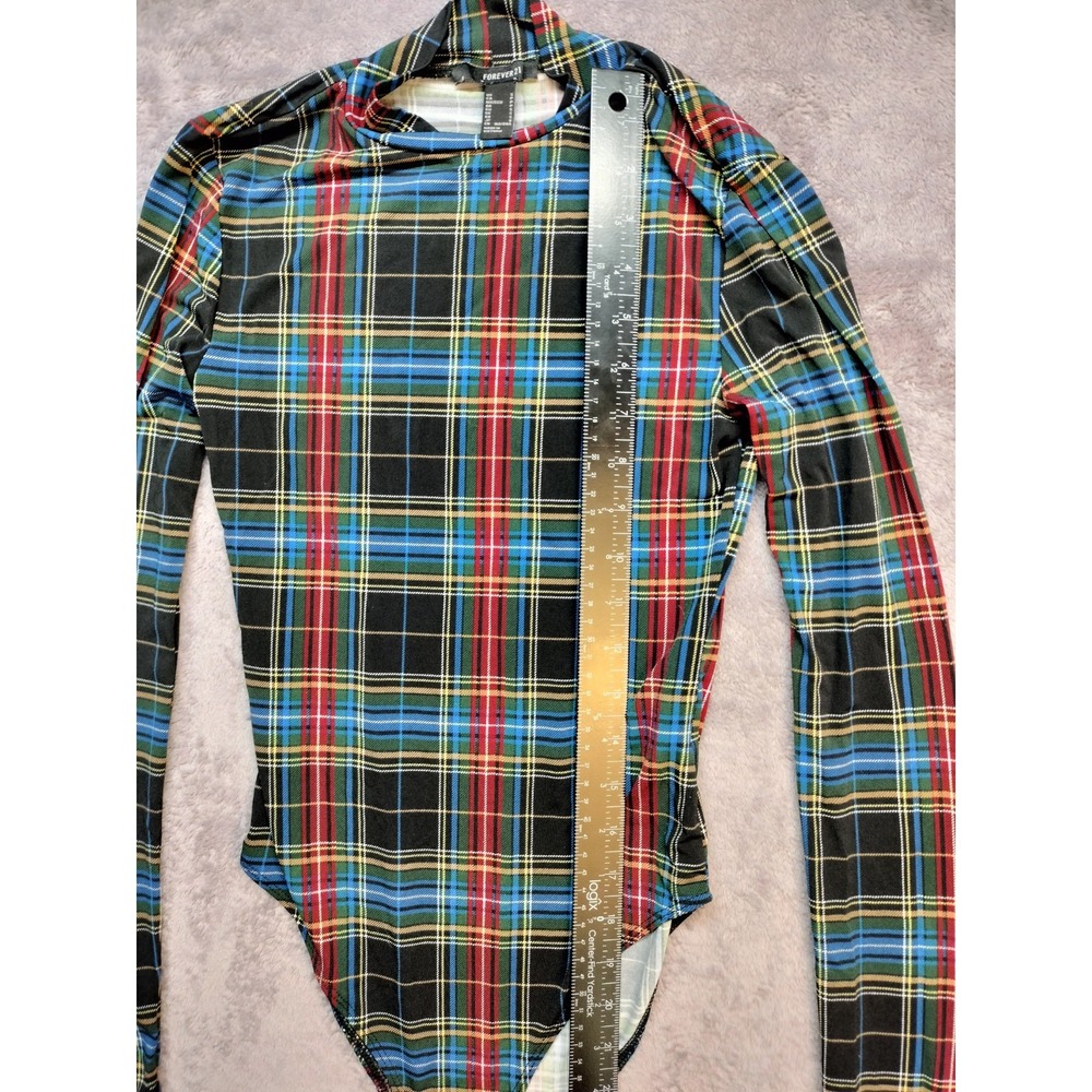 Forever 21 small bodysuit mock neck plaid long sleeve stretch fall school prep - Picture 4 of 9